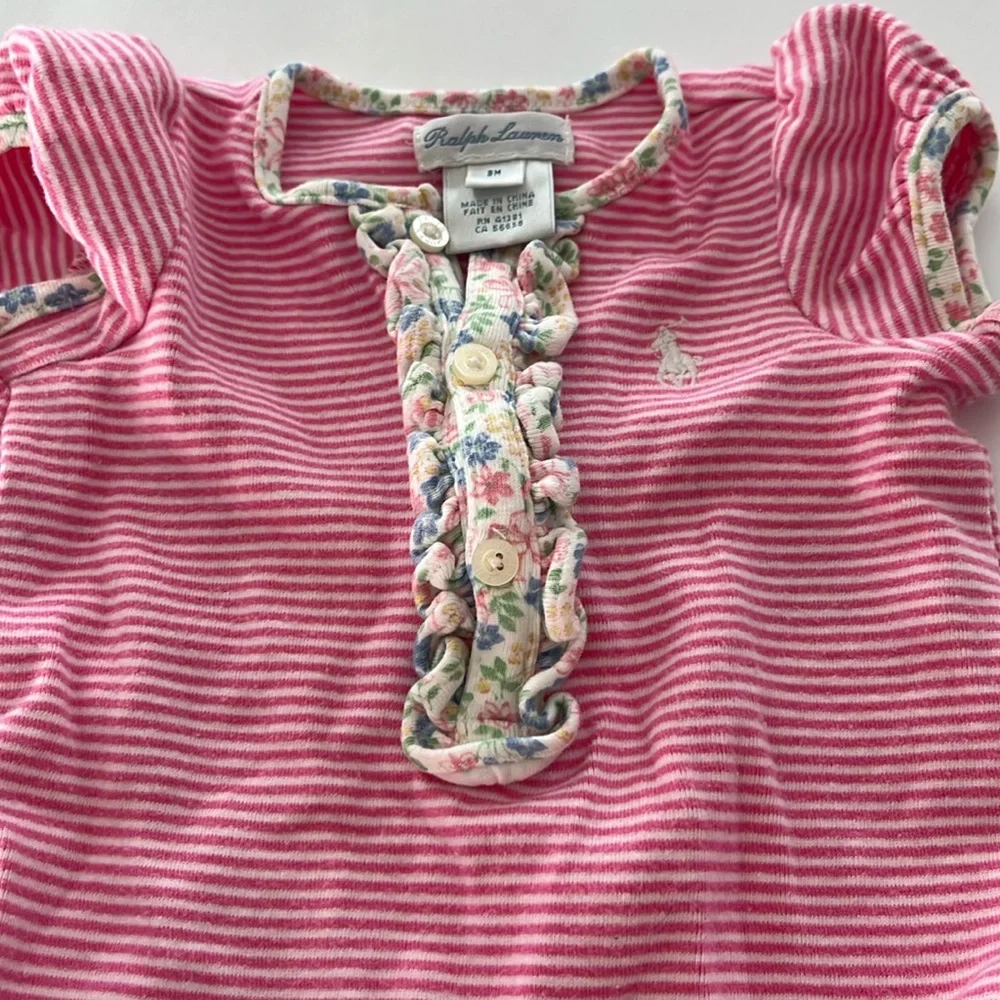 Ralph Lauren Pink Striped Floral Ruffle Onesie Baby Girl 3 Months